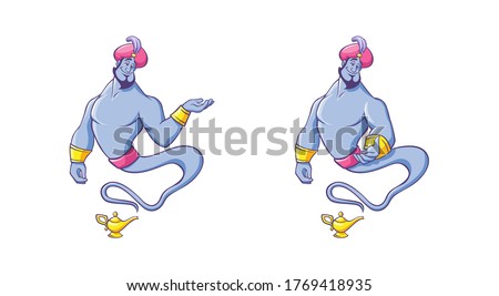 Genie from lamp. Magical character with smile in red Arabic turban gold bracelets emerges from ancient vessel cartoon kind character traditional Persian tale powerful magical vector creature. Stok fotoğraf © 