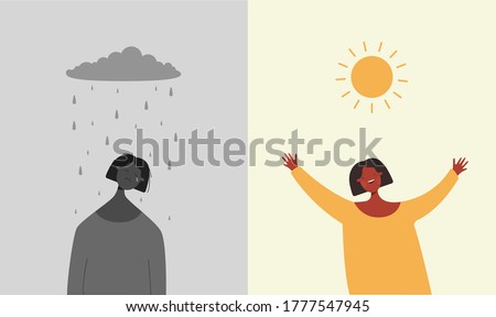 Sun is happy rain sad illustration. Character is sad when it rains and depressive weather rejoices when sun shines brightly two bipolar flat opposites psychological vector mood swings.