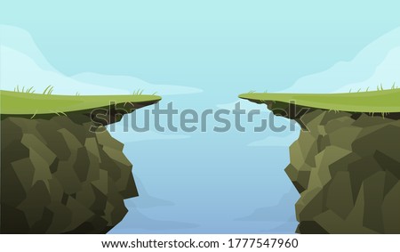 Ledge chasm empty template. Cliff in middle of green covered road banner deep dangerous abyss an extreme decision motivation decisive last jump cartoon graphic vector fear of inevitable.