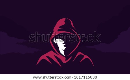 Mystical silhouette of acharacter in hoodie . Mysterious cyber hacker red sweatshirt in twilight criminal rapper with scornful smile criminal city districts and vector gangs.