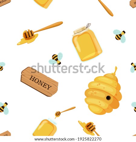 Honey jar with bee hive and stick seamless pattern. Sweet nectar in golden filled glassware and spoon flowing down yellow vector liquid.