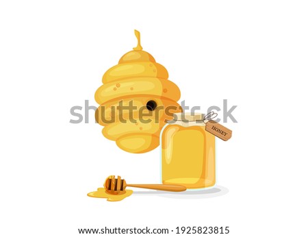 Bee hive with honey jar and stick illustration. Golden sweet nectar in filled glassware and spoon flowing down yellow vector liquid.