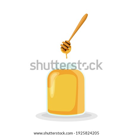 Golden honey flowing from sticks into jar illustration. Yellow sweet nectar in filled glassware and spoon down yellow vector liquid.