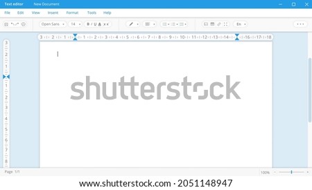 Text editor in white theme with blank page. Application for documentation and digital correction with user friendly interface for office workers and vector writers.