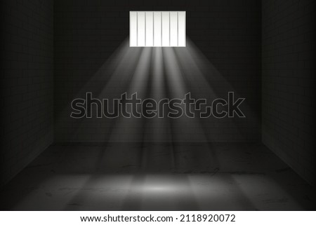 Empty prison room template. Lattice window illuminates blank black space and vector brick walls with incidents of light.