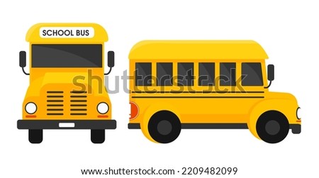 School bus front and side view. Yellow passenger transport for transportation of children and trips on excursions with vector comfort