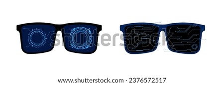 Cyber futuristic glasses. Black techno accessories with blue digital charts and circles on lenses with scan and spy vector hack