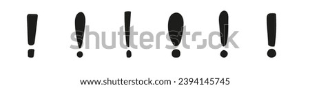 Hand drawn solid exclamation mark. Black silhouette exclamation mark icons.