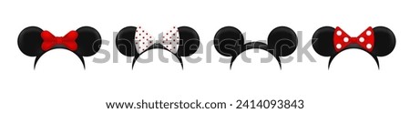 Mouse ears mask template. Black cute hats with red bows for fun parties and carnival with cartoon vector design elements