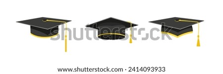 Graduate caps with gold tassels set. Black cap with square brim to celebrate successful graduation from school and college with academic success vector uniform