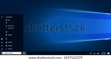 Operating system window in blue dark style with start menu and system programs. Modern control panel with app. Desktop with applications.