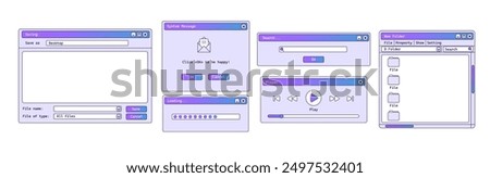 Set of old windows with gradient. Purple music player on computer. Retro file explorer program.