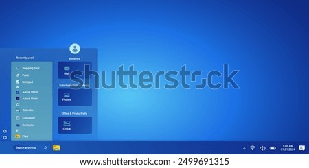 Modern desktop with start menu and programs on screen in blue color. Operating system window with control panel.