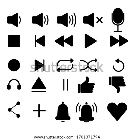 Set of multimedia player icons in flat style. Music, interface, design media player buttons collection. 