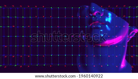 3D illustration of head of statue overlay with defocus effect and glitch noise. Neon colors purple and blue. Concept idea for Arts and blockchain system, the NFT Non-fungible tokens and Arts