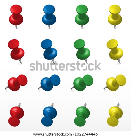 Set of multicolored push office pin. 3d push pin. Set vector realistic office attach button.
