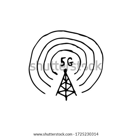 5 g antenna emits dangerous radio waves. Vector hand-drawn illustration on a white isolated background. Network, internet, connection. Wireless data transfer.