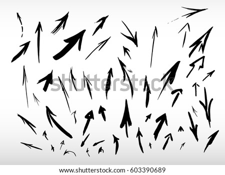  Vector Set Of Hand Drawn Arrows. Big And Small. Black Arrows Isolated On White Gradient Background. Different Size. Different Shapes And Directions. Ink Style Design. EPS 10.
