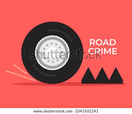 Stop crime car with spike strip. Road crime concept. Vector flat cartoon illustration