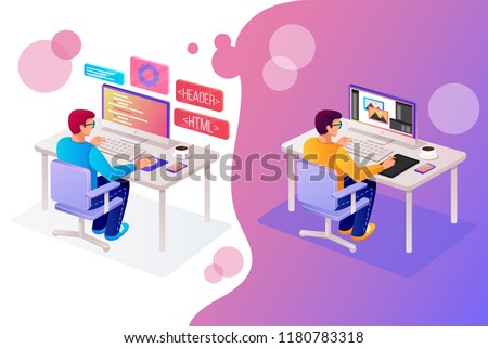 Two man people character programmer and designer working in office at new web site page online project php html coding. Tech application software development work isometry 3D view graphic design