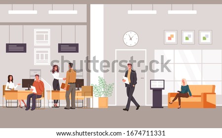 Bank office interior and client with banking specialist workers. Vector flat graphic design cartoon illustration