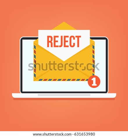 Open envelop with reject red word email. Vector flat cartoon illustration