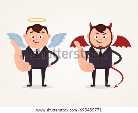 Happy good angle and bad angry devil business man characters stretching greeting hand. Vector flat cartoon illustration
