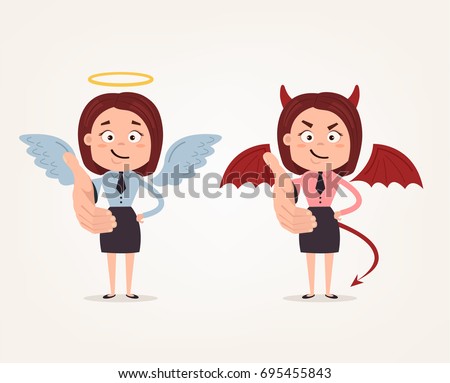 Happy good angle and bad angry devil business woman characters stretching greeting hand. Vector flat cartoon illustration