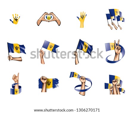 Barbados flag and hand on white background. Vector illustration