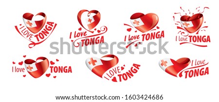 The national flag of the Tonga and the inscription I love Tonga. Vector illustration