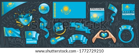 Vector set of the national flag of Kazakhstan in various creative designs