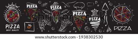 Set of vector pizza logos on black background