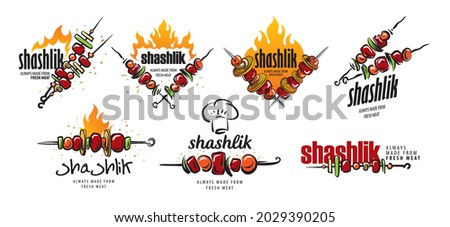 A set of vector logos with a drawn barbecue on a skewer