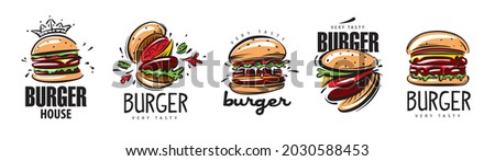Hand drawn set of vector burger logos on white background