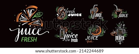 A set of vector drawn logos of fresh juice on a black background