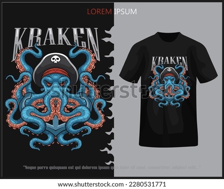 Octopus kraken pirates mascot isolated on black t-shirt