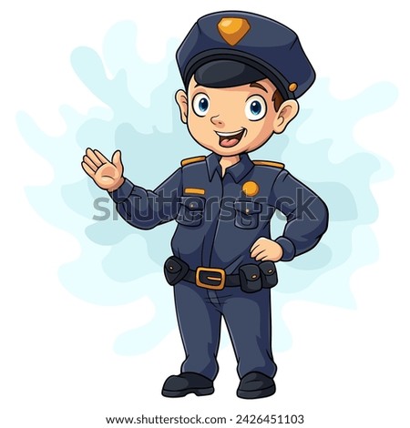 Cartoon smiling policeman waving hand