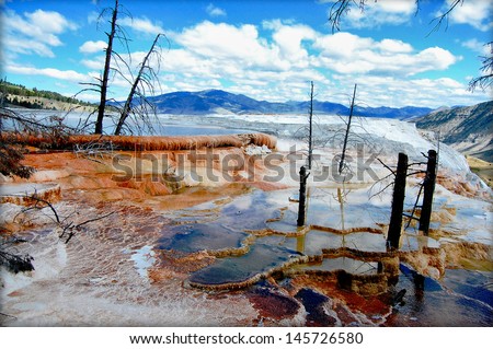 Hot waters of Canary Spring of the Mammoth Hot Springs in Yellowstone National Park
