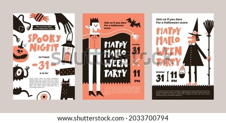 Vector set of Halloween party invitations or greeting cards with handwritten text and traditional symbols. Vector illustration