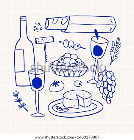 Hand drawn composition with food, snacks, drinks. Eating outside, outdoor dinner, picnic invitation. Vector illustration