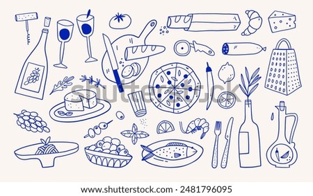 Hand drawn different mediterranean food set. Vector illustration