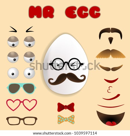 Easter egg emoji constructor. Face with mustache and glasses. Vector funny illustration sticker set