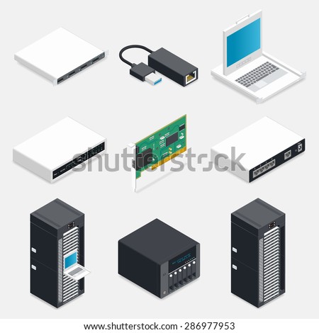 Networking isometric detailed icons set vector graphic illustration