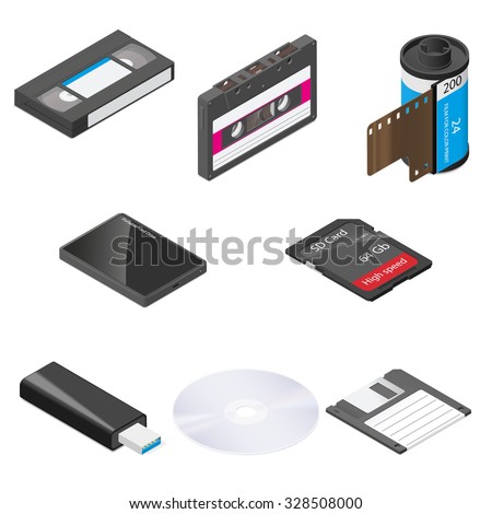 Storage media detailed isometric icon set vector graphic illustration