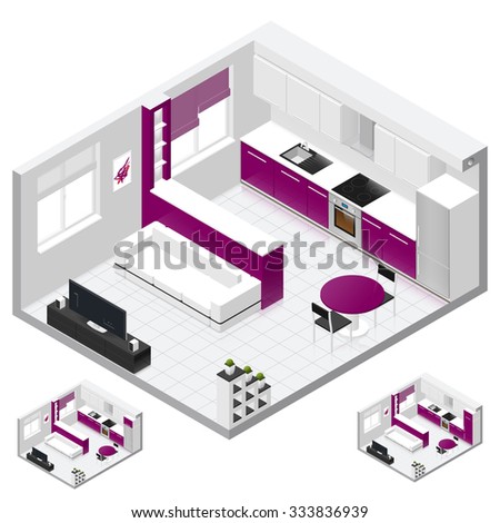 Studio apartment includes a combined kitchen and living room isometric icon set, three variant of fridge, painted in bright colors, vector graphic illustration design