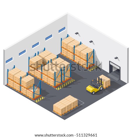 Element infographics presents work inside the warehouse, shipment of goods is carried out with a forklift isometric icon set, vector graphic illustration