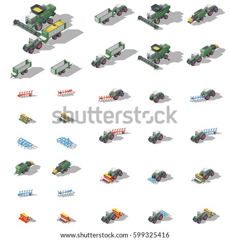 Agricultural machinery isometric icon set vector graphic illustration