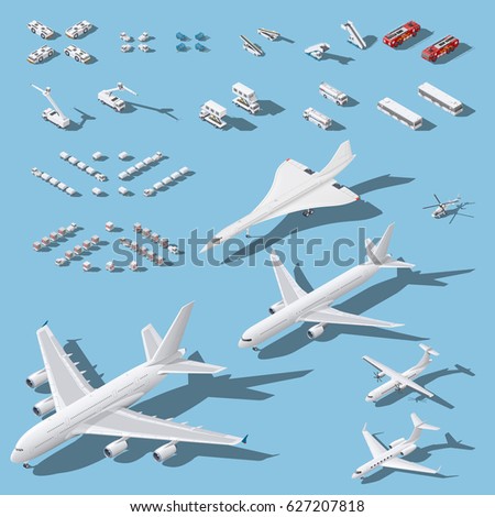 Various passenger airplanes and maintenance equipment for airport isometric icons set vector graphic illustration