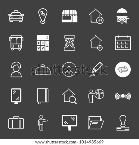 set of taxi, location, shop, ice cream, bus, calculator, stopwatch, house add, calendar, female, bell, update picture, banner, notebook, chart, bow tie, suitcase, point, folder, stamp vector icon