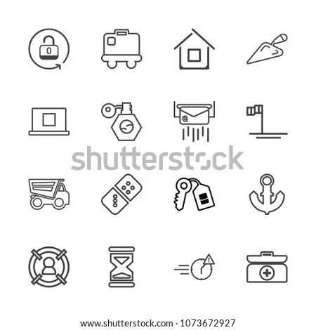 Premium outline set of icons containing aid, security, box, row, key, white, dump, marketing, nautical, emergency, home. Simple, modern flat vector illustration for mobile app, website or desktop app